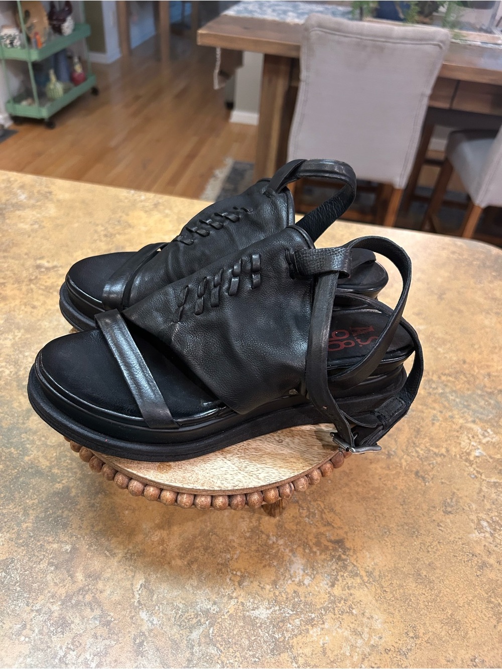 A.S.98 Black Leather Platform Sandal with Ankle Buckle - Picture 3 of 14